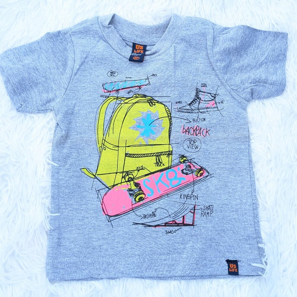 Round Neck Grey Tee for Kids Cool Skateboard & Backpack Graphic Print